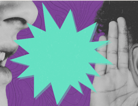 Illustration of mouth on left speaking to hand and ear on right with sharp blue image in between to convey profanity