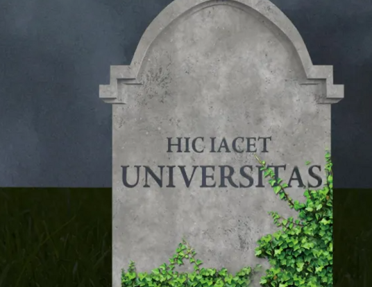 Illustration of a tombstone on which is inscribed "HIC IACET UNIVERSITAT."
