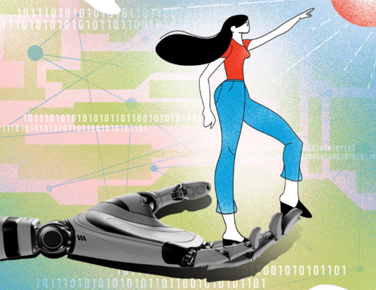 Illustration of woman standing on an extended mechanical hand and reaching toward the sun
