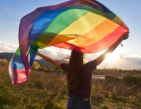 Person holding Pride flag in the wind