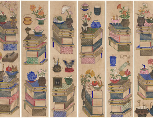 panel painting of books and scholars' accoutrements