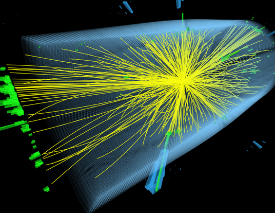 a collision event recorded by the CMS detector in 2012 corresponding to a decay of a Higgs boson into two photons