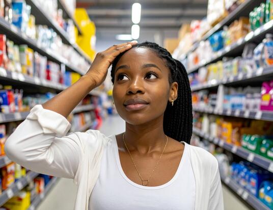 A Black woman shopping at a supermarket and overwhelmed by the choices