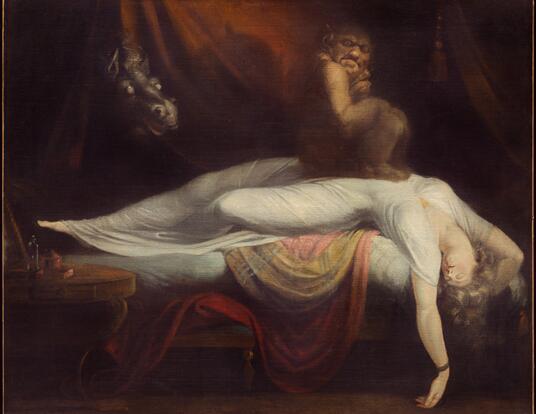 painting of a woman having a nightmare, with demons in background