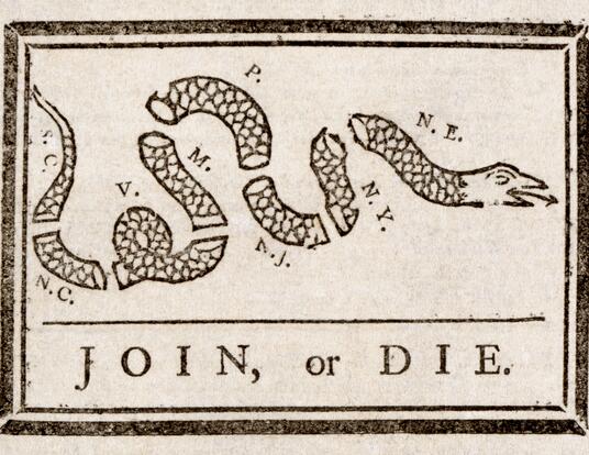 "Join or Die" cartoon by Benjamin Franklin