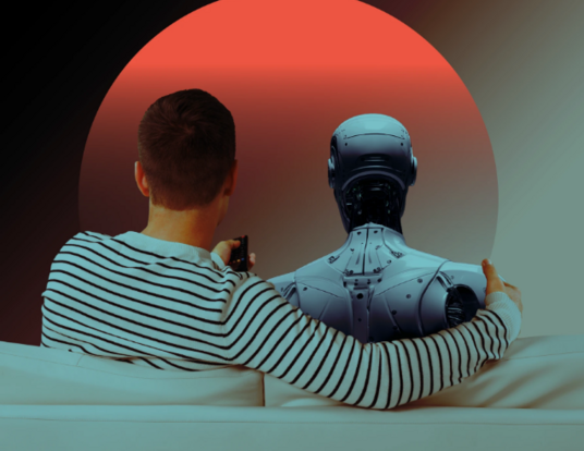Seen from behind, a man seated on a loveseat with his arm affectionately wrapped around a robot friend. 