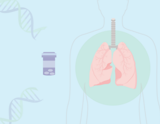 Graphic displaying two DNA strands, a container of white pills, and the outline of a human body with heart and lungs