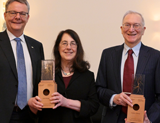 Michael Schaepman, president of the University of Zurich with Harvard Griffin GSAS alumni Arlene Sharpe and Gordon Freeman