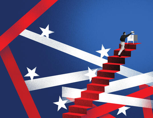 illustration of person walking up the stairs; blue background with red and white stars and stripes to represent voting in America