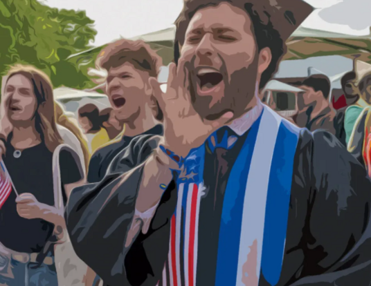 Illustration of student in regalia shouting/protesting
