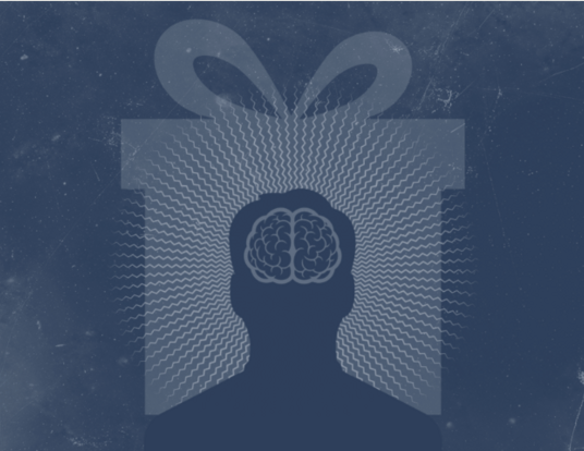 Illustration: Silhouette of human head with visible brain set against a gift package tied with a bow
