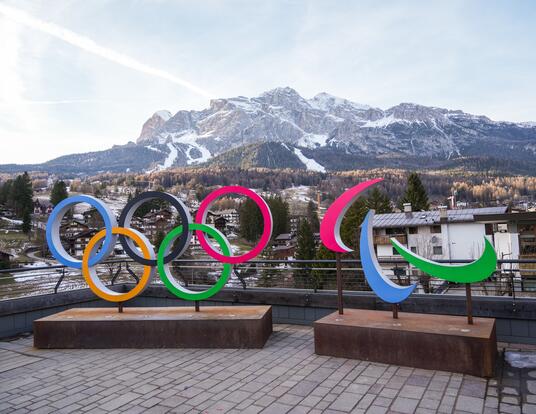Cortina d'Ampezzo mountains with Olympic rings in foreground