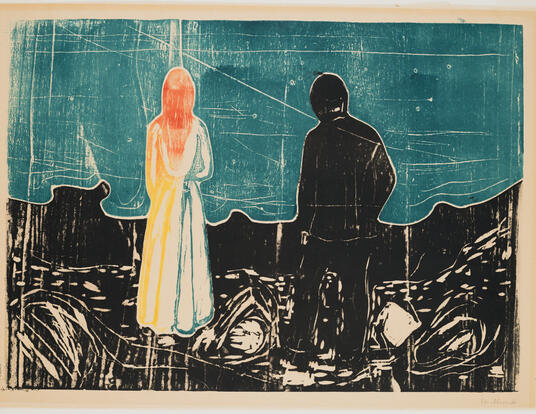Munch painting of two figures, both looking away from us, one in white and one in complete shadow