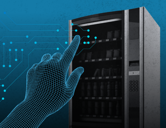 Illustration of digitized hand pressing what looks like a holographic circuit board