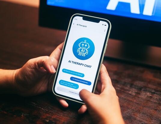 hand typing into phone to chat with AI therapy