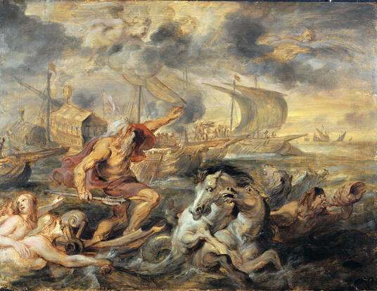Rubens' painting of Neptune calming the tempest, tumultuous battle at sea
