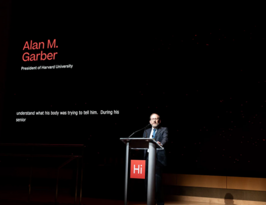 President Alan Garber on the Klarman Hall stage