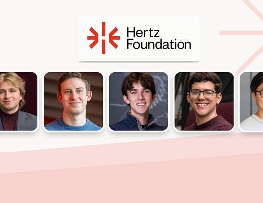 Banner photo of five Harvard Griffin GSAS Hertz Fellows with Hertz Foundation logo