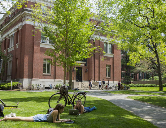 people laying in grass on their computers