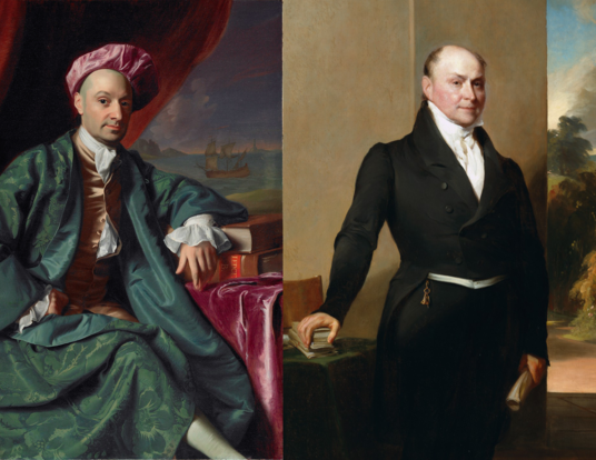 Side-by-side portraits: on the left, a man in a vibrant pink hat and teal robes; on the right, a man in a plain black suit.