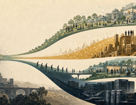 A conceptual illustration showing one technological “current” branching into four paths: broadly shared prosperity, unequal gains, temporary worker displacement, and concentrated wealth/permanent job loss.