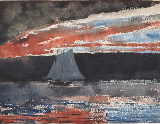 Winslow Homer watercolor painting of a schooner at sunset