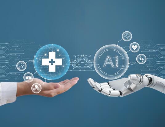 hand holding a medical sign bubble next to a robot hand holding an AI bubble