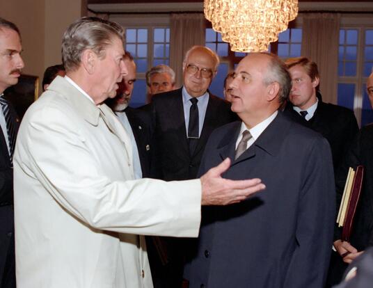 President Ronal Reagan speaking to Soviet General Secretary Gorbachev