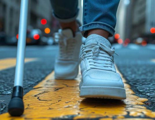 Person with blindness walking across a street.