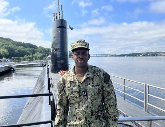 Jones in uniform on Naval Submarine Base New London