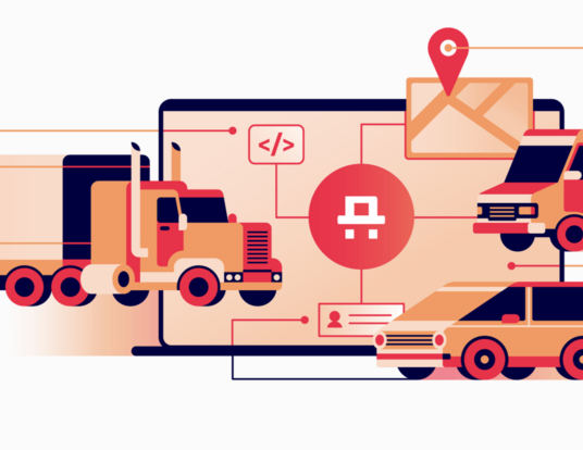 Illustration of trucks in front of a laptop