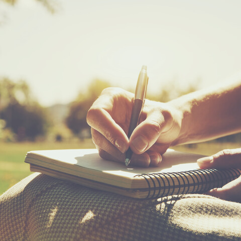 Women's hand writing in a notebook; sunshine in the background