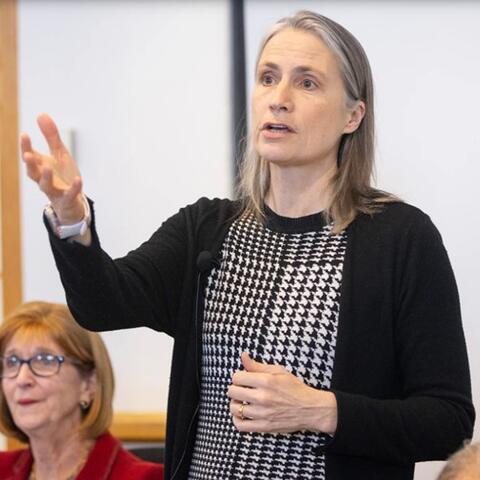 Fiona Hill, PhD '98, speaking at Harvard Kennedy School