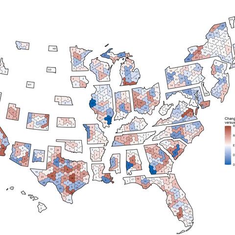 A map of congressional districts from an ALARM project evaluating partisan gerrymandering. 