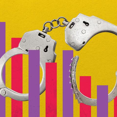 Image of a pair of handcuffs over a bar graph