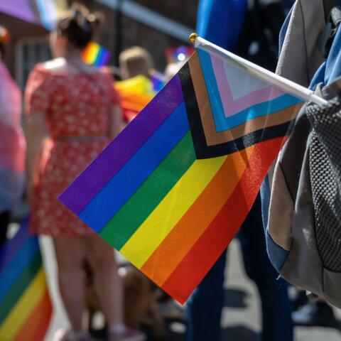 Pride flag hanging during parade