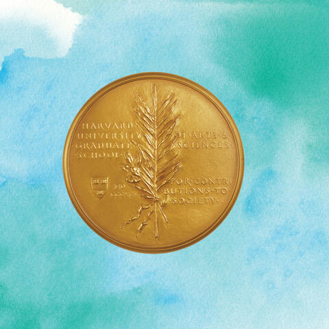 Centennial Medal over blue-green water color background