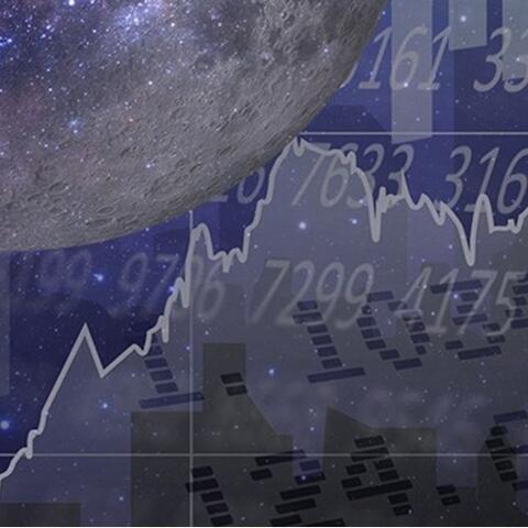 Stock image of stars, planet, stock chart, and numbers