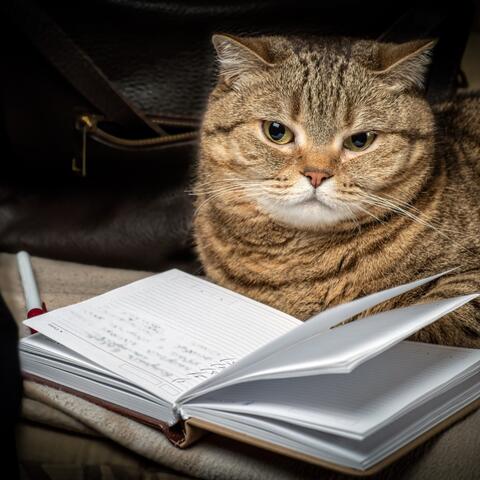 cat sitting in front of an open notebook with writing in it