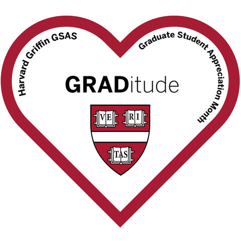 Graduation Student Appreciation Month Logo; heart around GRADitude with GSAS shield