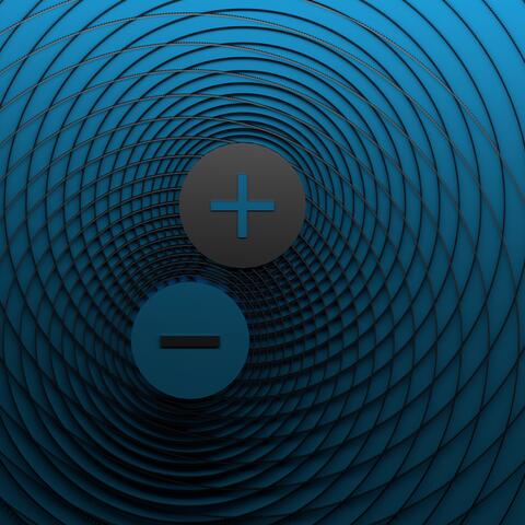 Wide banner with positive and negative charges and symbolic magnetic field on blue background with copy blank space.