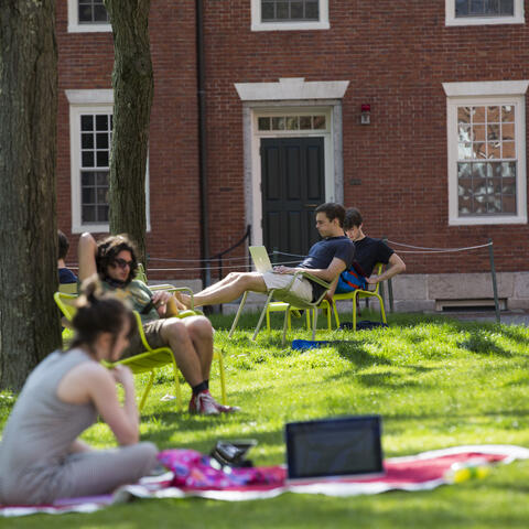 People sitting down on grass and in chairs in Harvard Yard