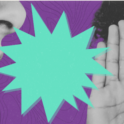 Illustration of mouth on left speaking to hand and ear on right with sharp blue image in between to convey profanity