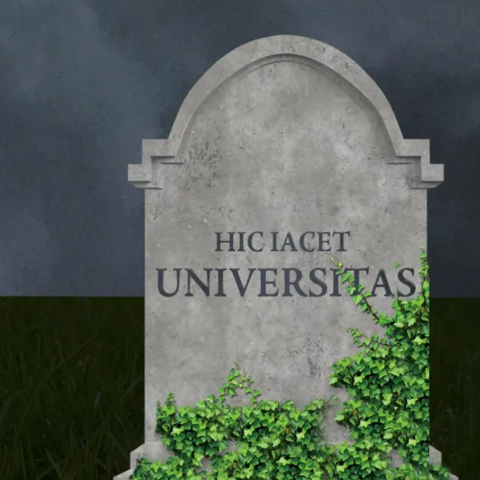 Illustration of a tombstone on which is inscribed "HIC IACET UNIVERSITAT."