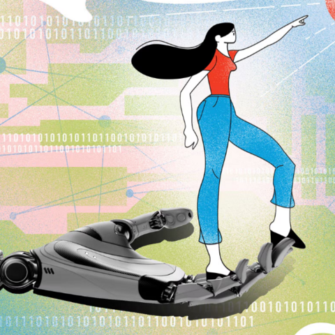 Illustration of woman standing on an extended mechanical hand and reaching toward the sun