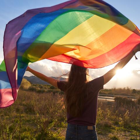 Person holding Pride flag in the wind
