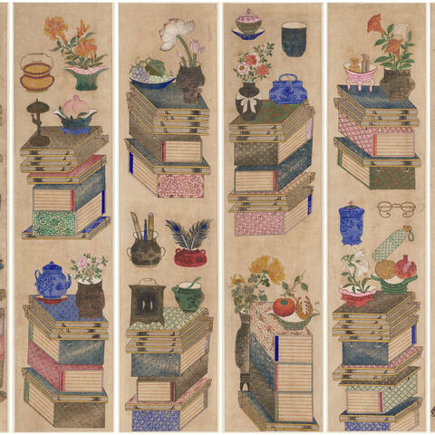 panel painting of books and scholars' accoutrements