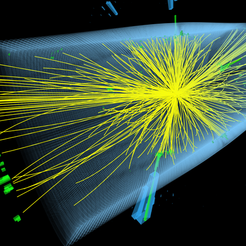 a collision event recorded by the CMS detector in 2012 corresponding to a decay of a Higgs boson into two photons