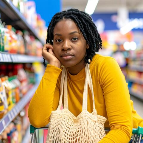 A Black woman shopping at a supermarket and overwhelmed by the choices