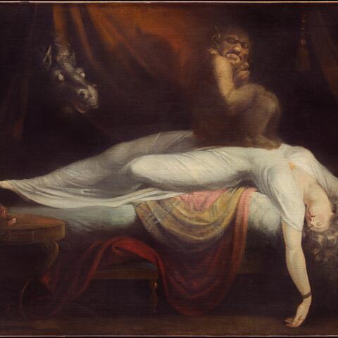 painting of a woman having a nightmare, with demons in background